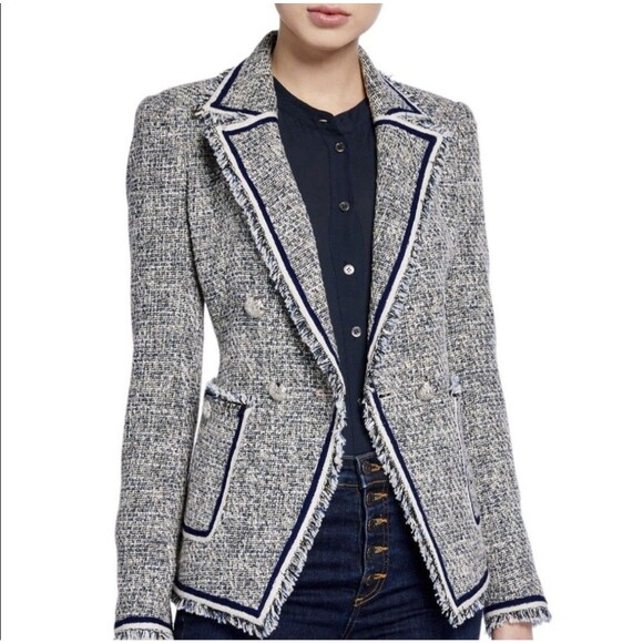 Veronica Beard Theron Tweed Fringe Navy White Frayed Trim Career Blazer Size 12 - Picture 3 of 9